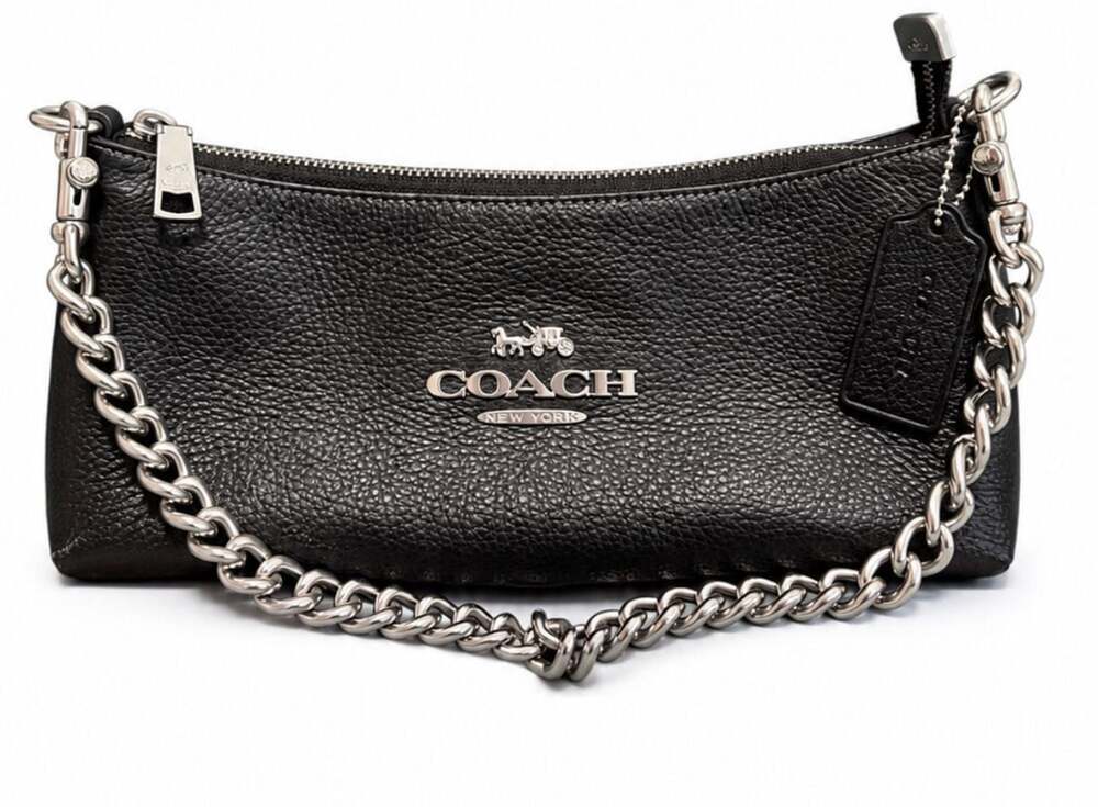 Coach Charlotte Shoulder Bag in Black Pebble Leather with Chain Strap